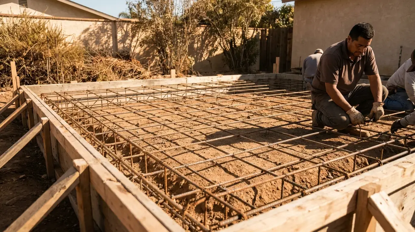 New ADU foundation slab with rebar and forms on a San Diego backyard lot