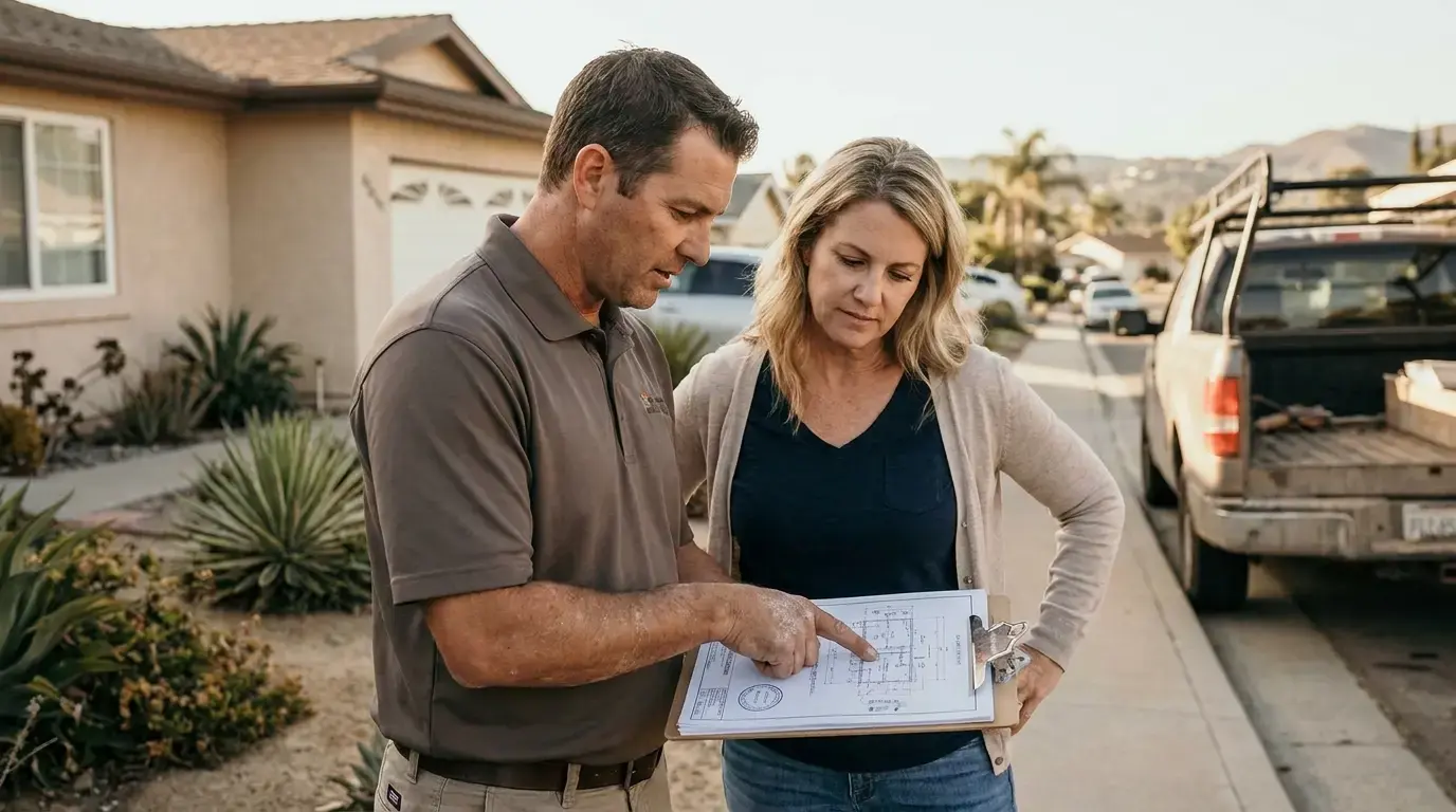 Foundation contractor reviewing a stamped engineering plan with a homeowner at a San Diego job site