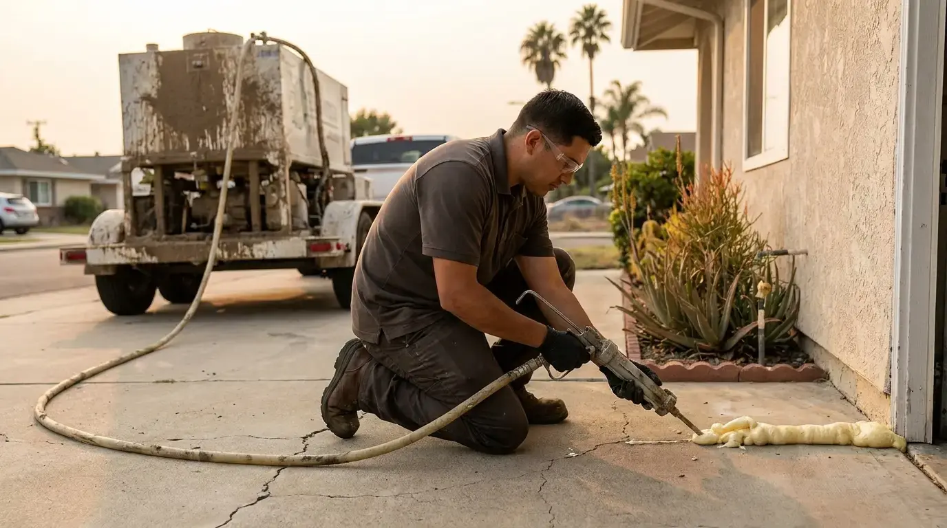 Polyurethane foam being injected to lift a settled concrete slab in San Diego