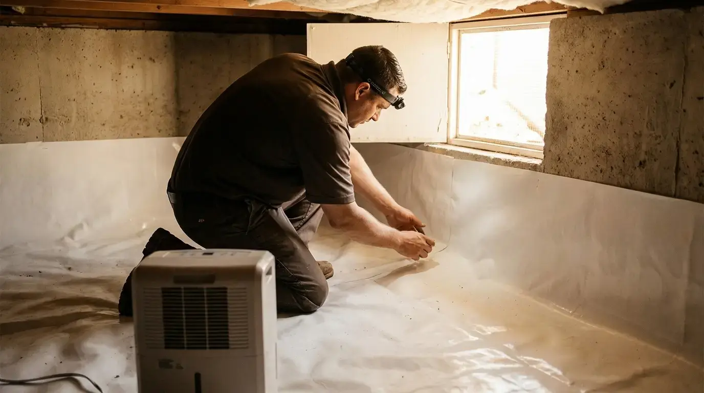 Encapsulated crawl space with white vapor barrier lining the floor and foundation walls