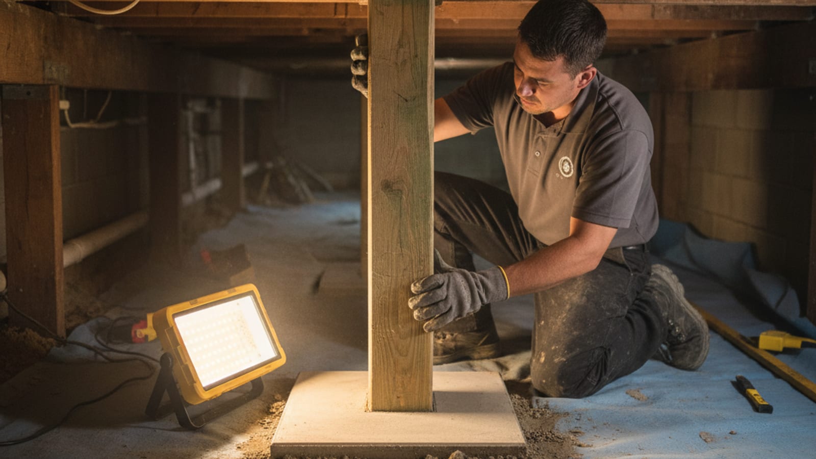 Crawl space technician installing a new pressure-treated post on a concrete pier under a raised San Diego home