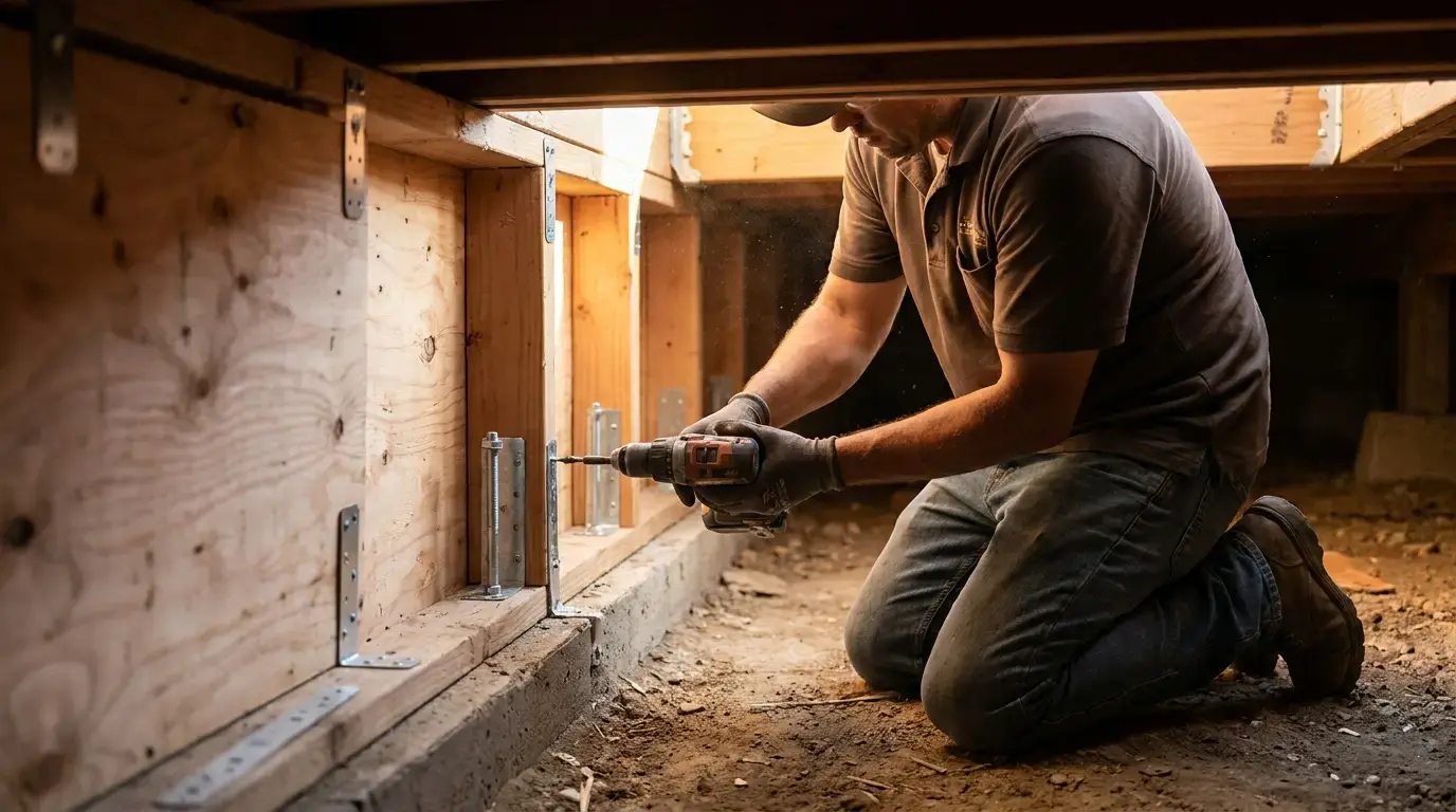 Cripple wall braced with plywood and foundation anchor bolts in a San Diego crawl space