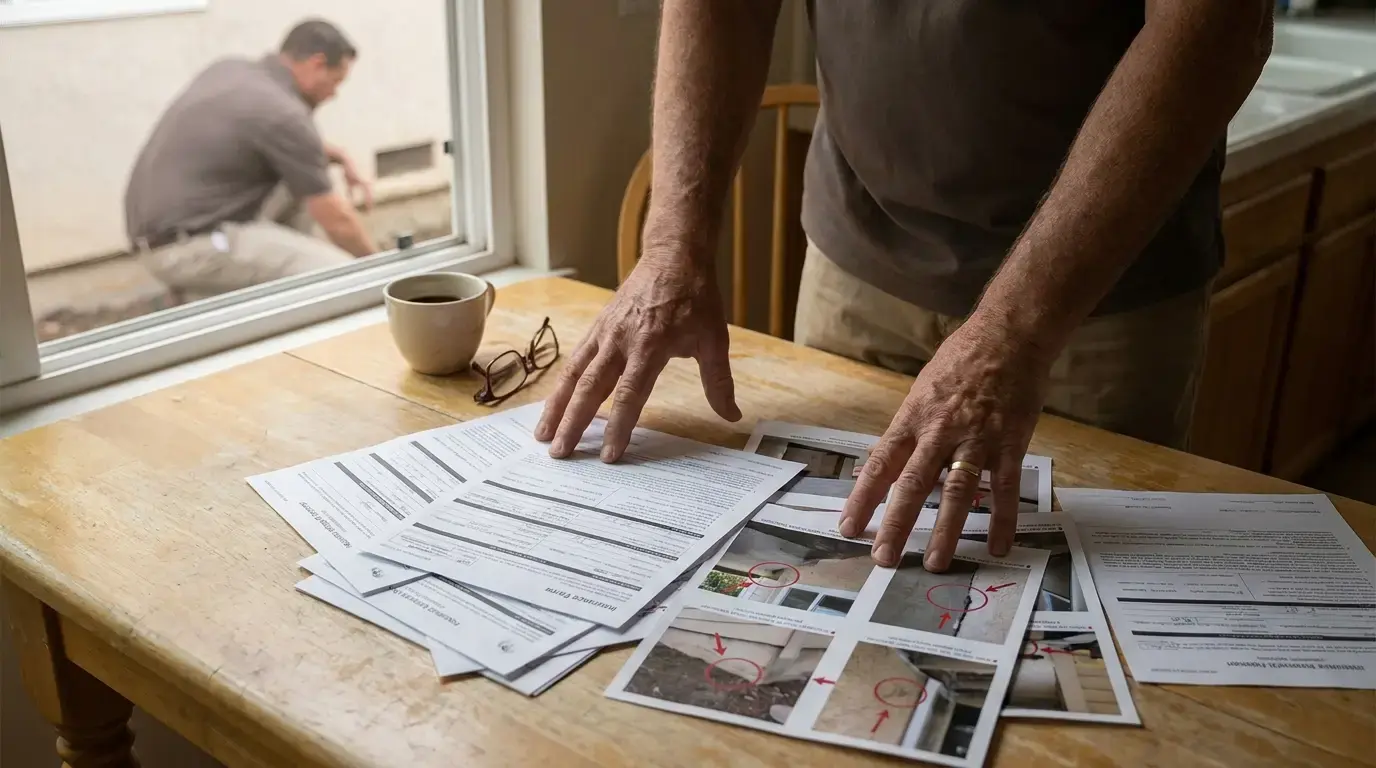 Homeowner reviewing an insurance policy next to a foundation crack inspection report