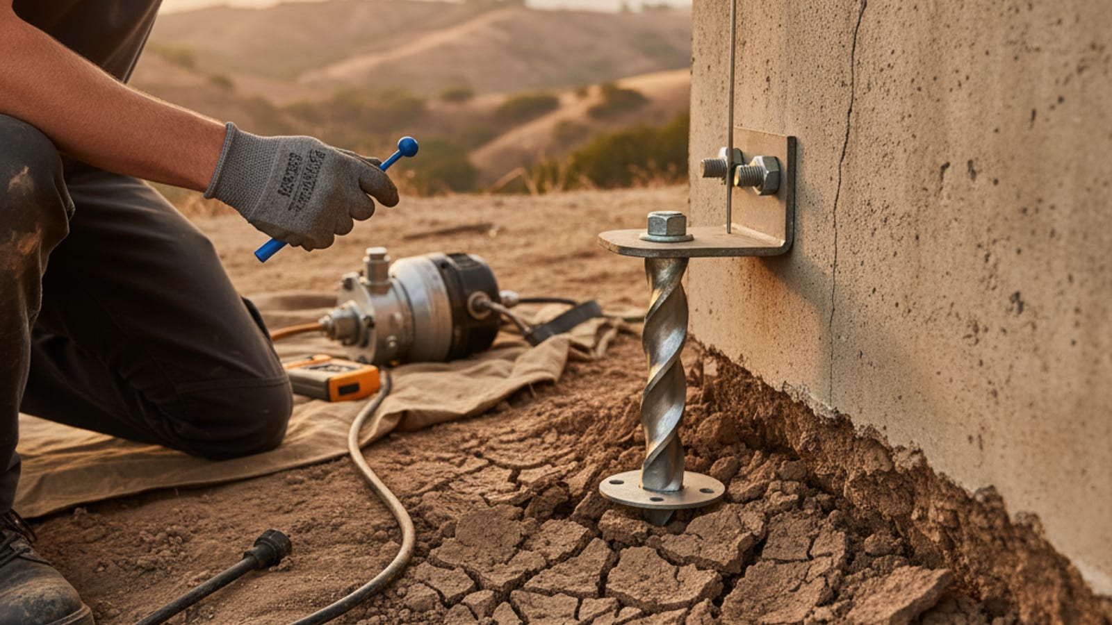 Cracked dry clay soil pulling away from a concrete foundation in inland San Diego County