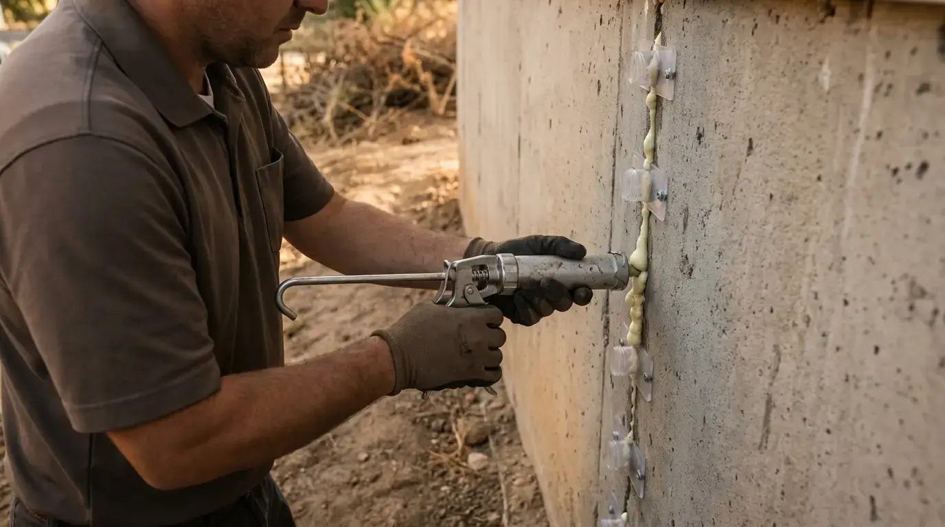 Technician injecting polyurethane into a foundation crack through surface ports