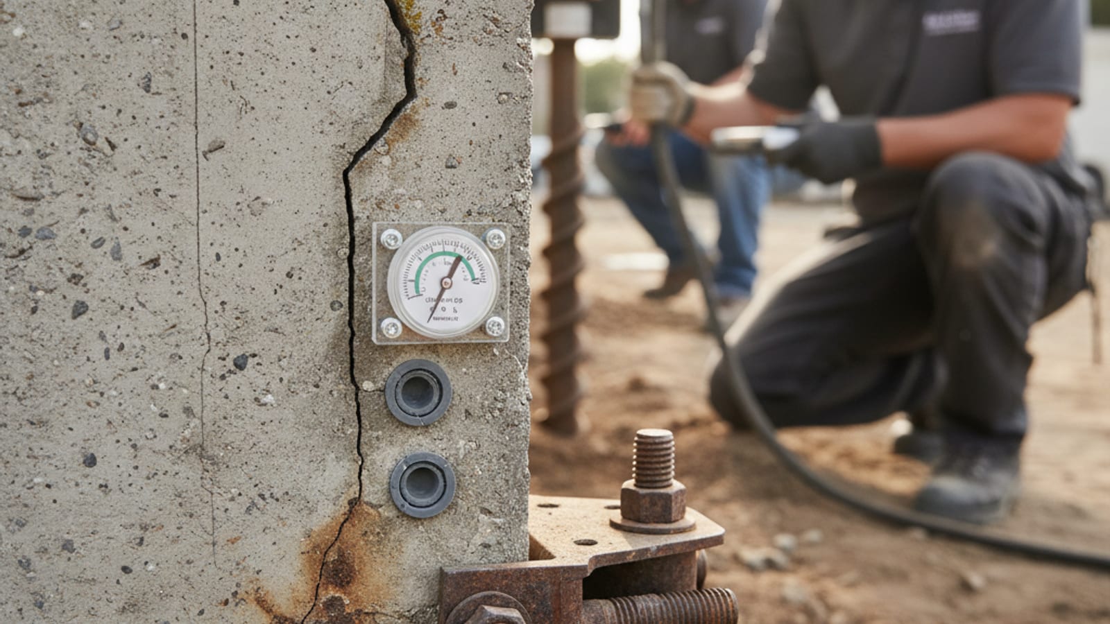 Close-up of a hairline shrinkage crack and a wider diagonal crack on a concrete foundation stem wall