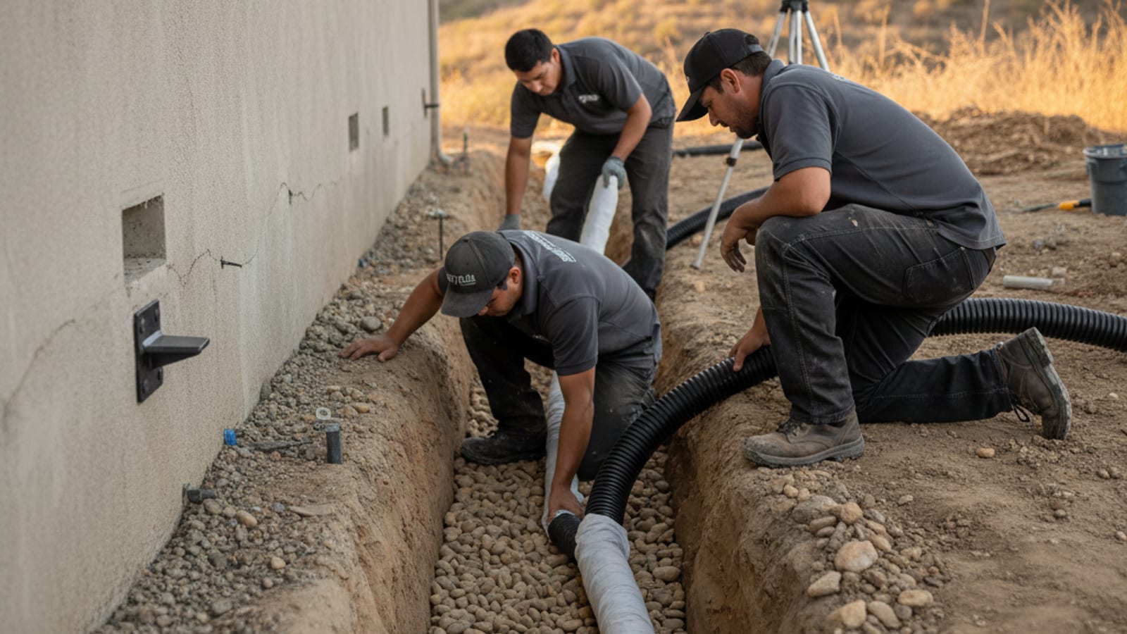 Trenching crew installing a perimeter French drain at the footing of a hillside San Diego home
