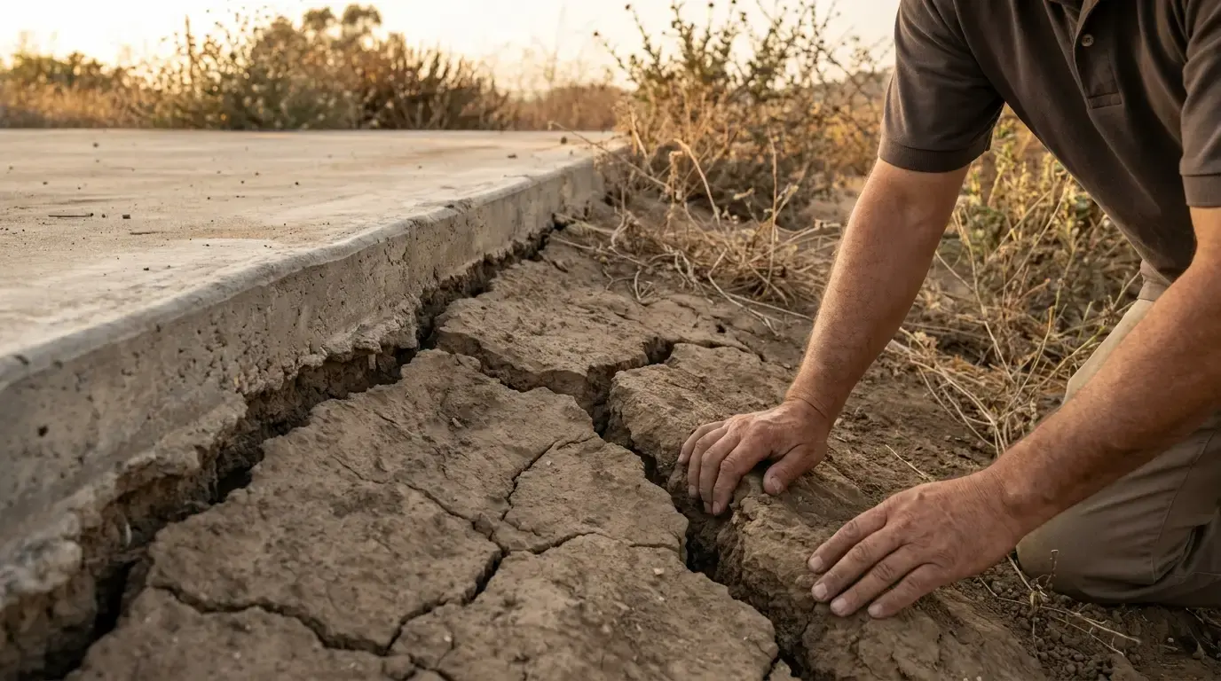 Expansive clay soil cracking around a San Diego foundation during a dry spell