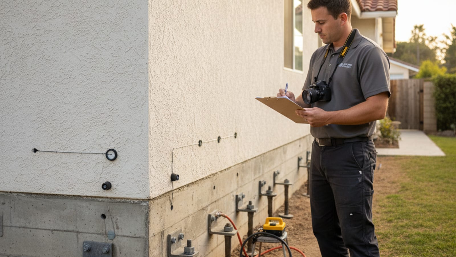 Inspector documenting foundation condition with a clipboard and digital camera at a San Diego home
