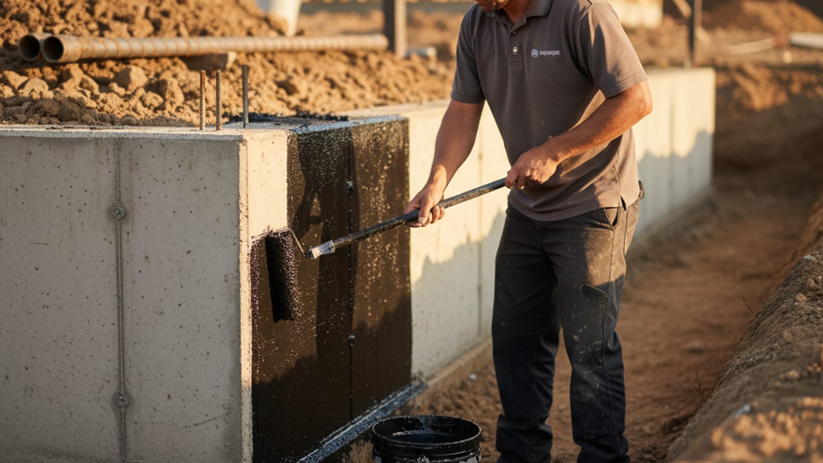 Liquid-applied waterproofing membrane being rolled onto a foundation stem wall before backfill