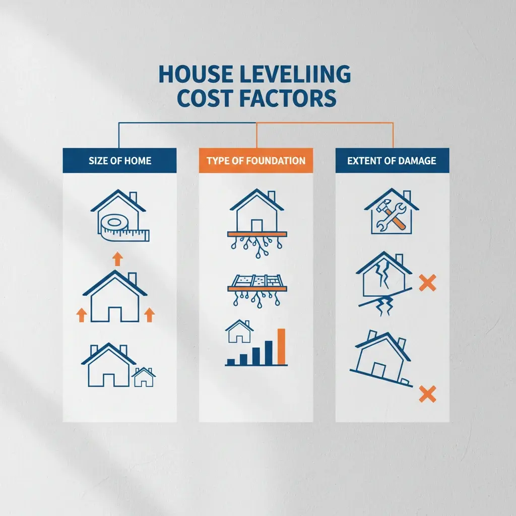 Infographic showing factors influencing house leveling cost: home size, foundation type, damage extent.