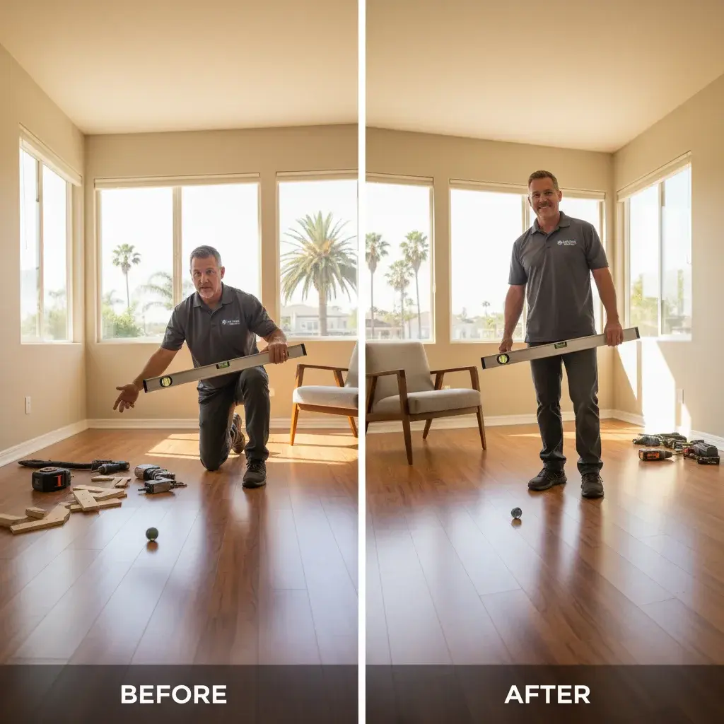 A split image showing a before-and-after of a noticeably sloped floor in a San D