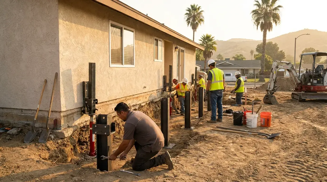 Foundation repair crew installing piers along a San Diego home's perimeter