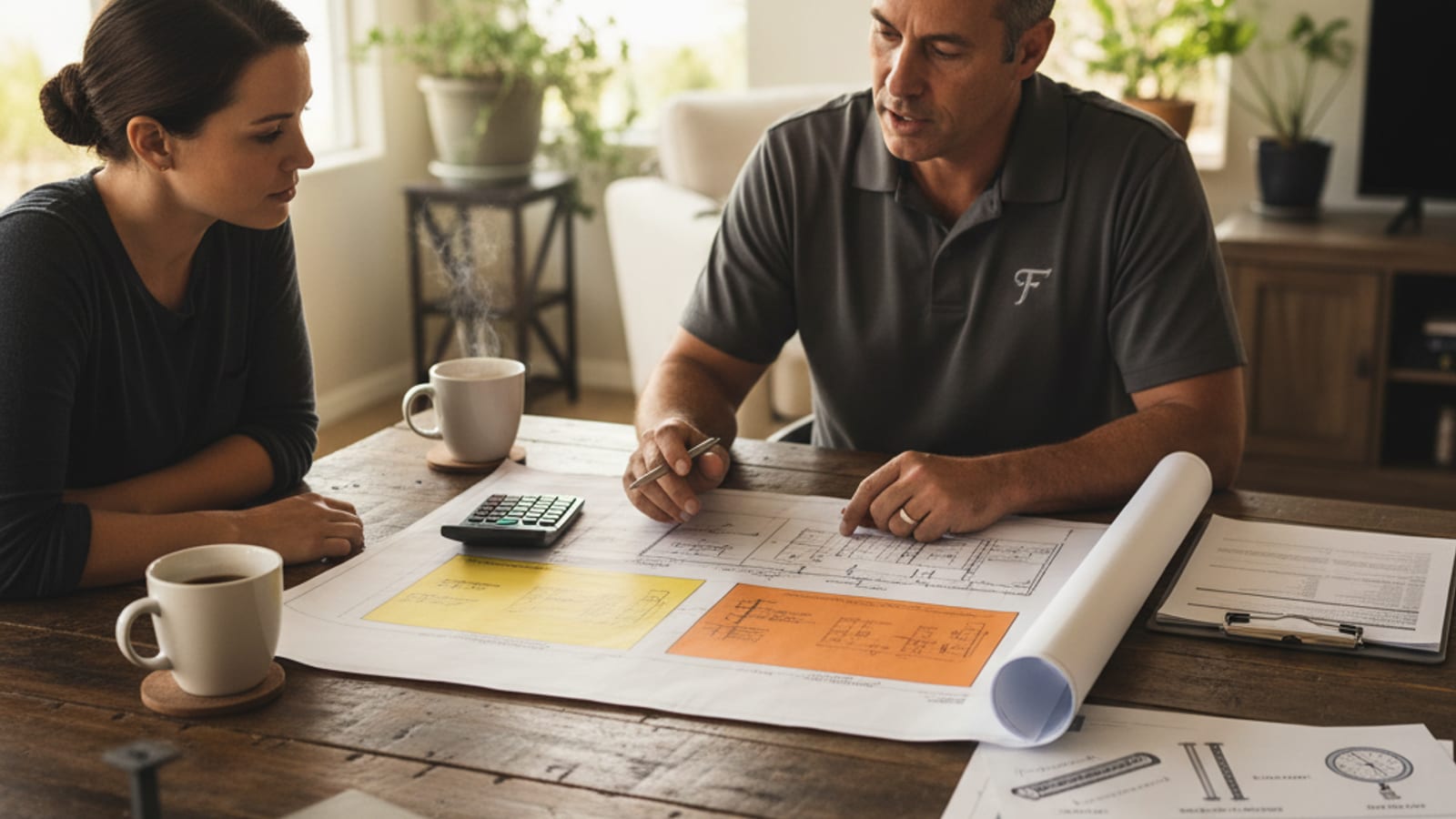 Foundation contractor and homeowner reviewing repair plan options at the kitchen table of a San Diego home