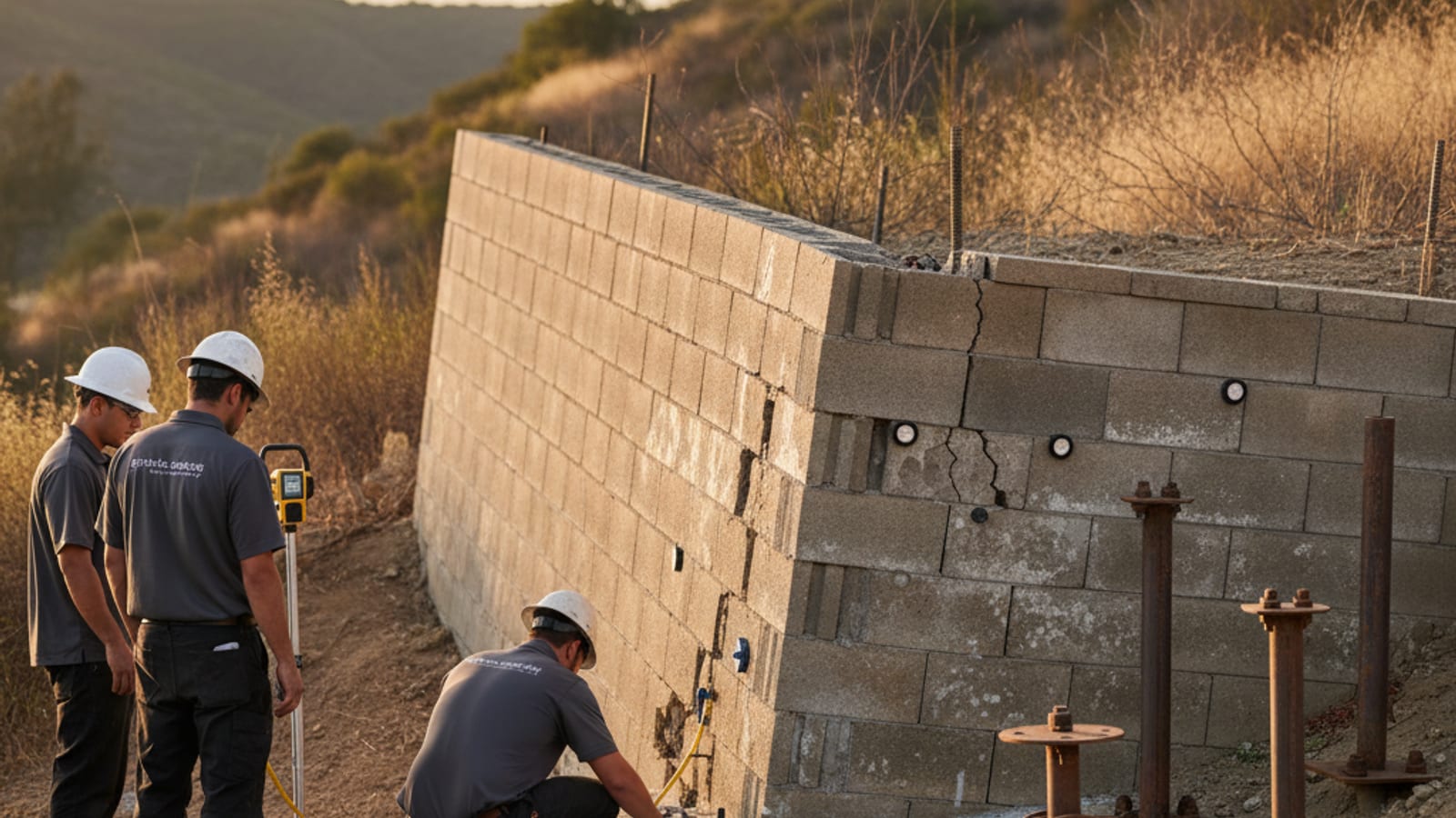 Concrete retaining wall on a San Diego hillside lot showing visible lean and stair-step cracking