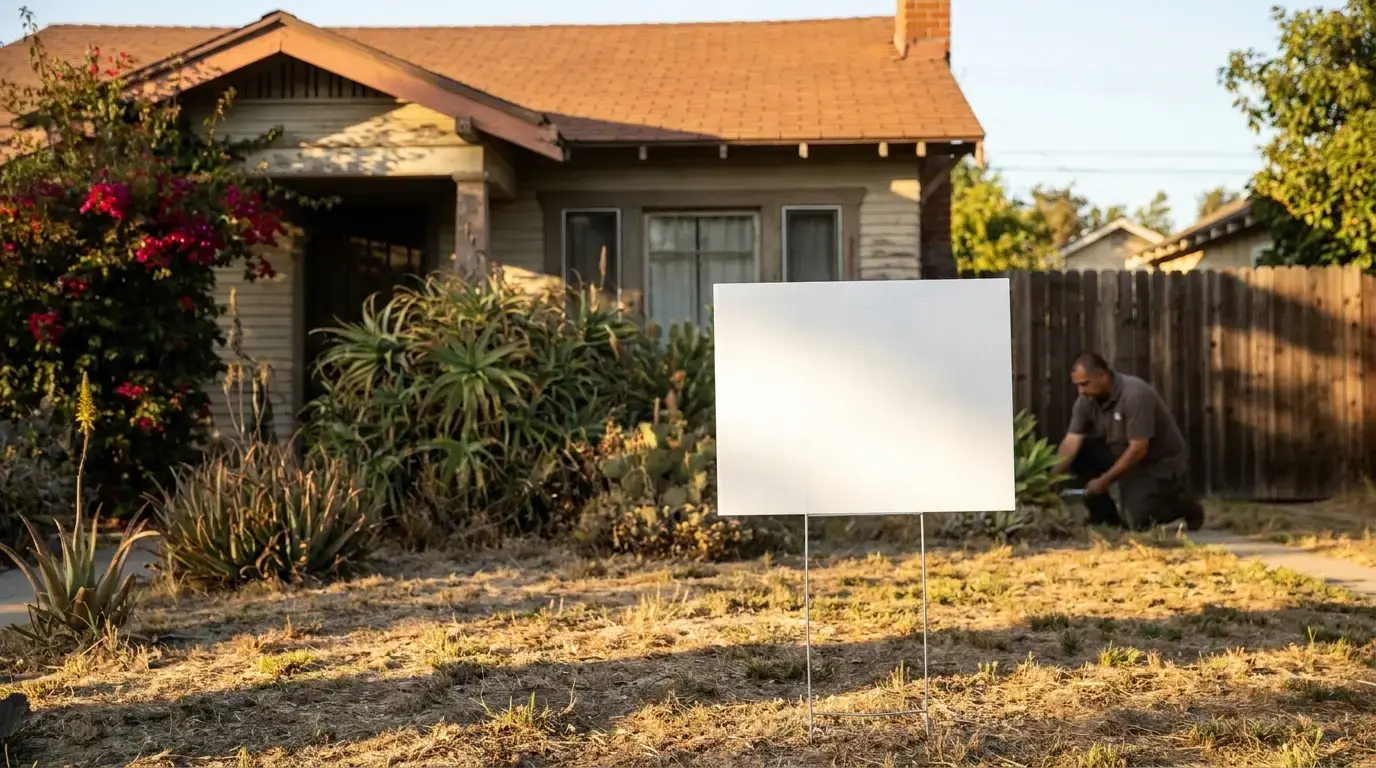 For sale sign in front of an older San Diego home with foundation settlement