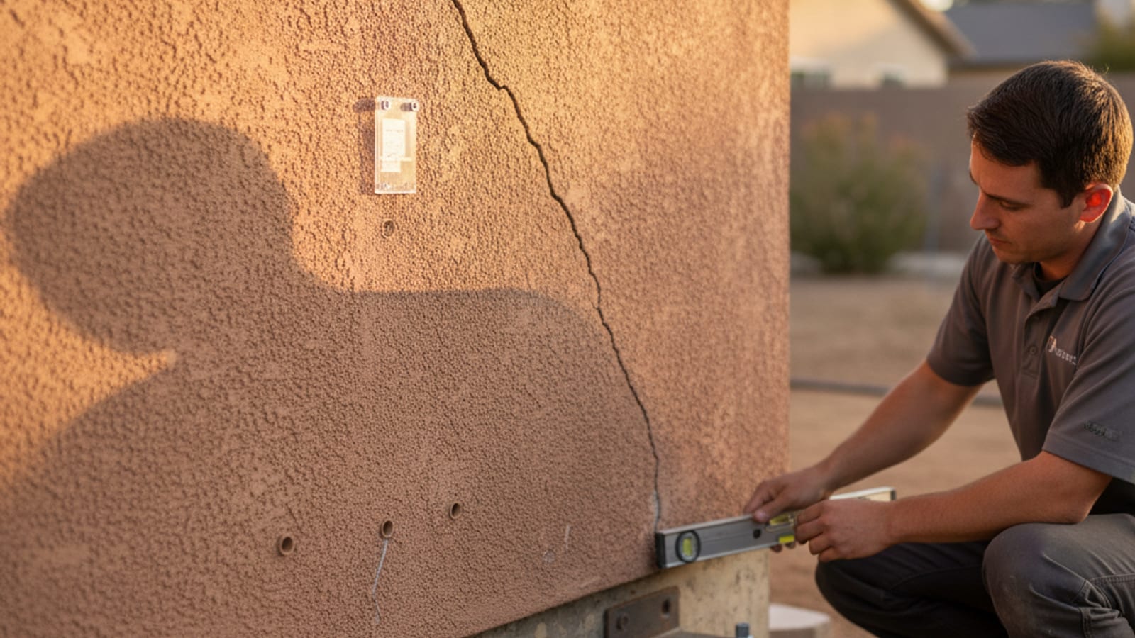 Diagonal crack running from a window corner down a stucco wall on a San Diego home