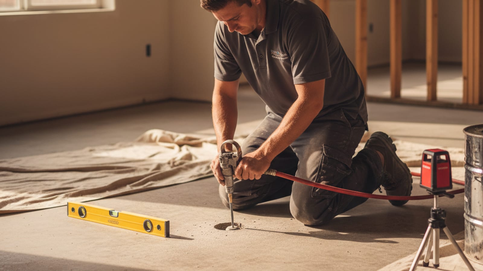 Crew injecting polyurethane to fill a void under a slab created by a long-running plumbing leak in a San Diego home