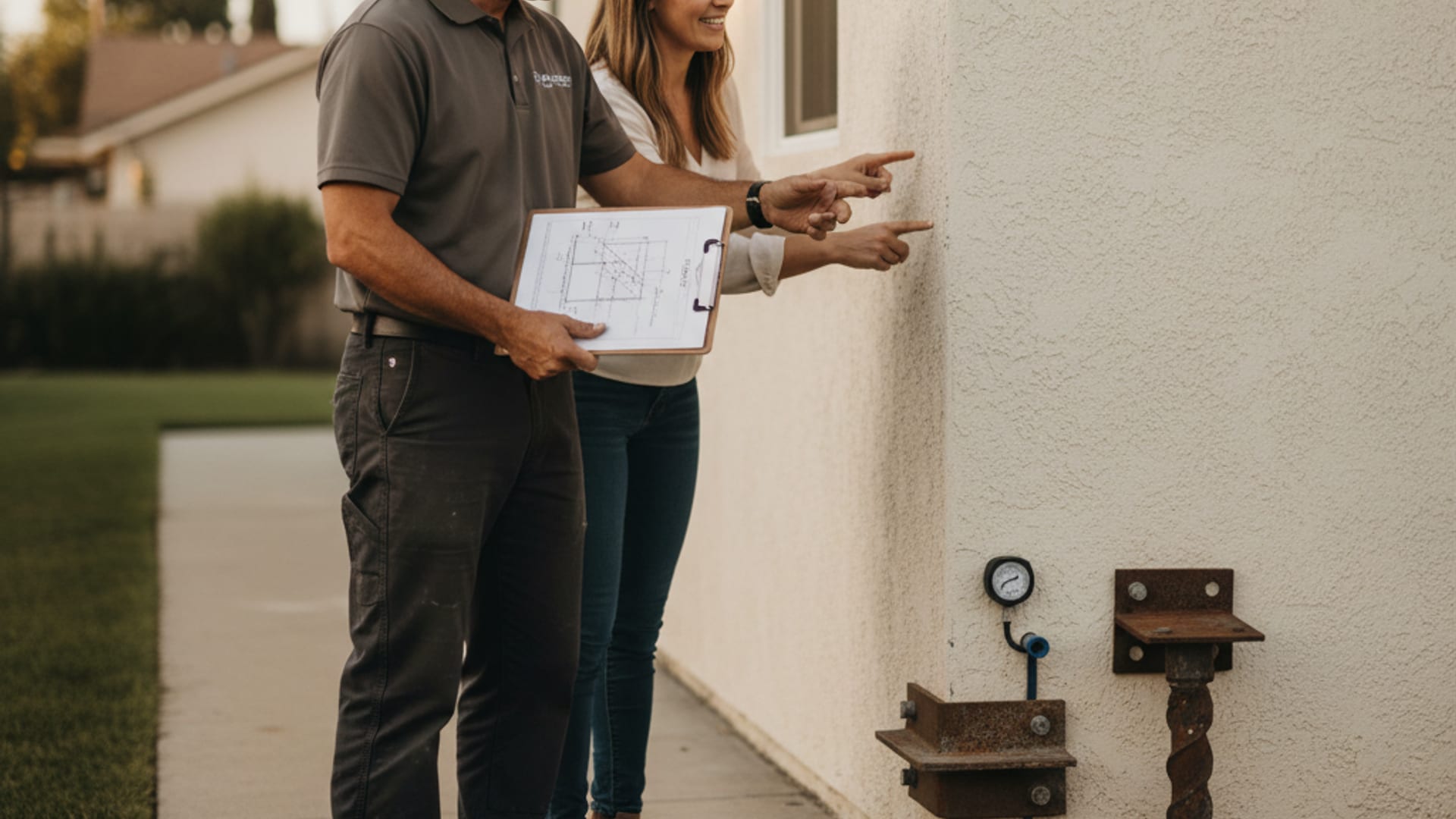 Foundation contractor reviewing a level survey diagram with a homeowner outside a San Diego home in afternoon light