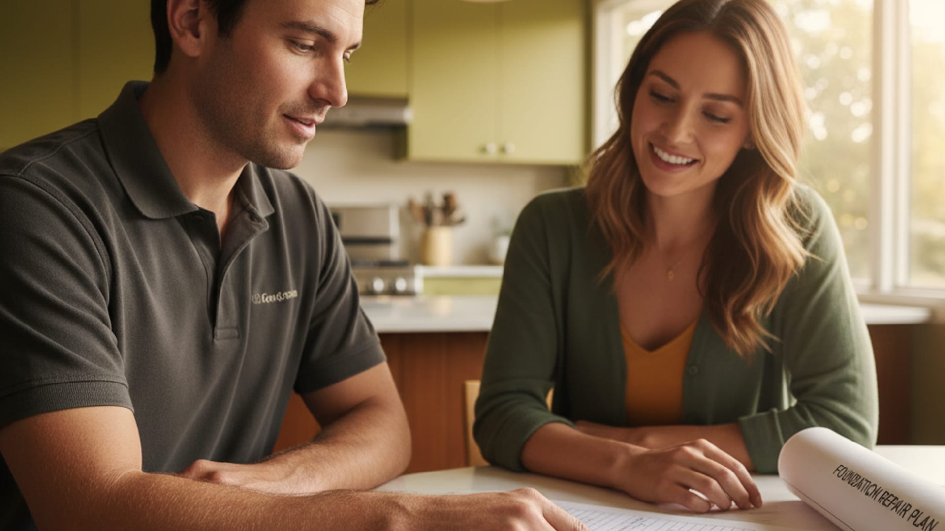 Foundation contractor walking a homeowner through a level survey diagram and crack-monitor readings inside a San Diego home