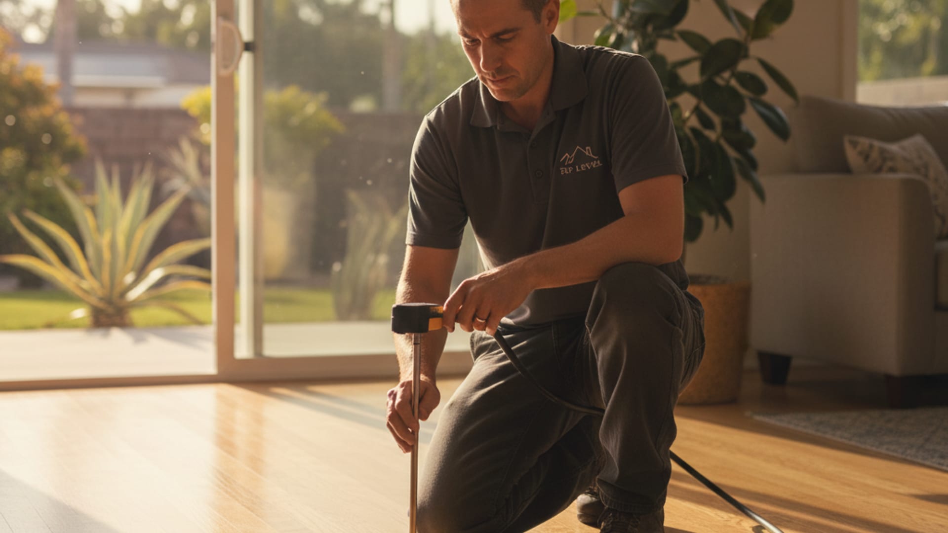 Foundation repair technician using a Zip Level laser to survey floor elevations across a San Diego home