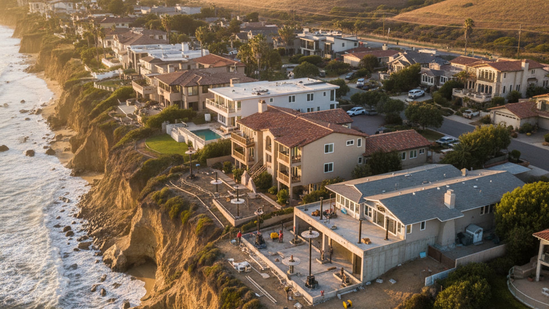 Aerial view of a San Diego County residential neighborhood with stucco homes and outdoor AC units visible in side yards at golden hour