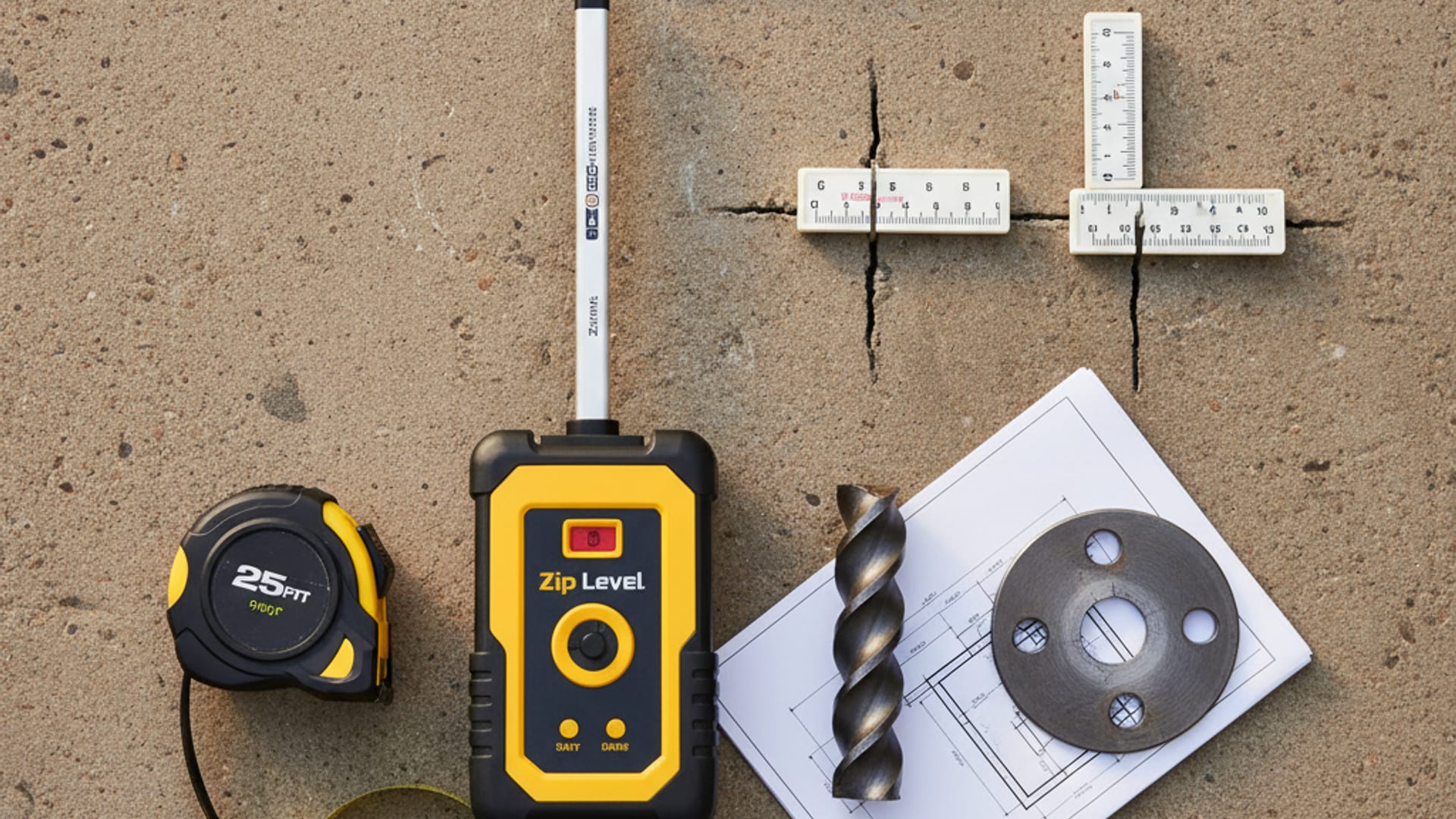 Overhead flat-lay of professional foundation repair equipment including a Zip Level, crack monitor gauges, and helical pier components on a clean work surface