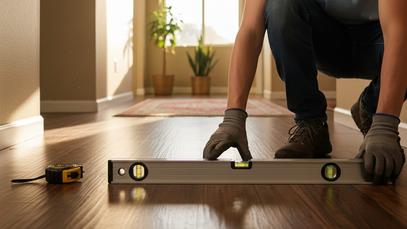 Homeowner placing a 4-foot level on the floor of a hallway with a tape measure to gauge floor slope