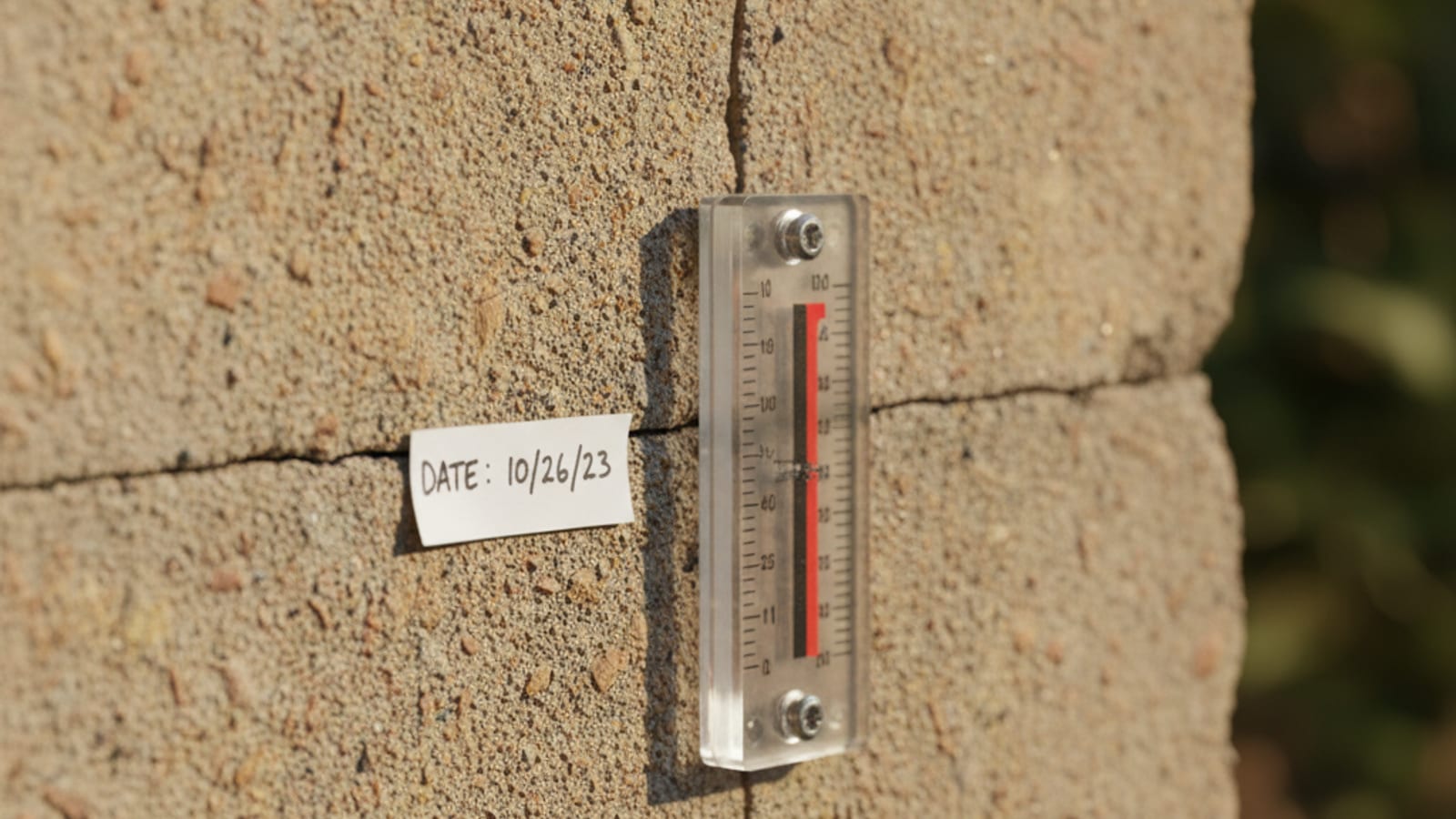 Crack monitor gauge installed across a foundation crack with a date marked next to it for tracking