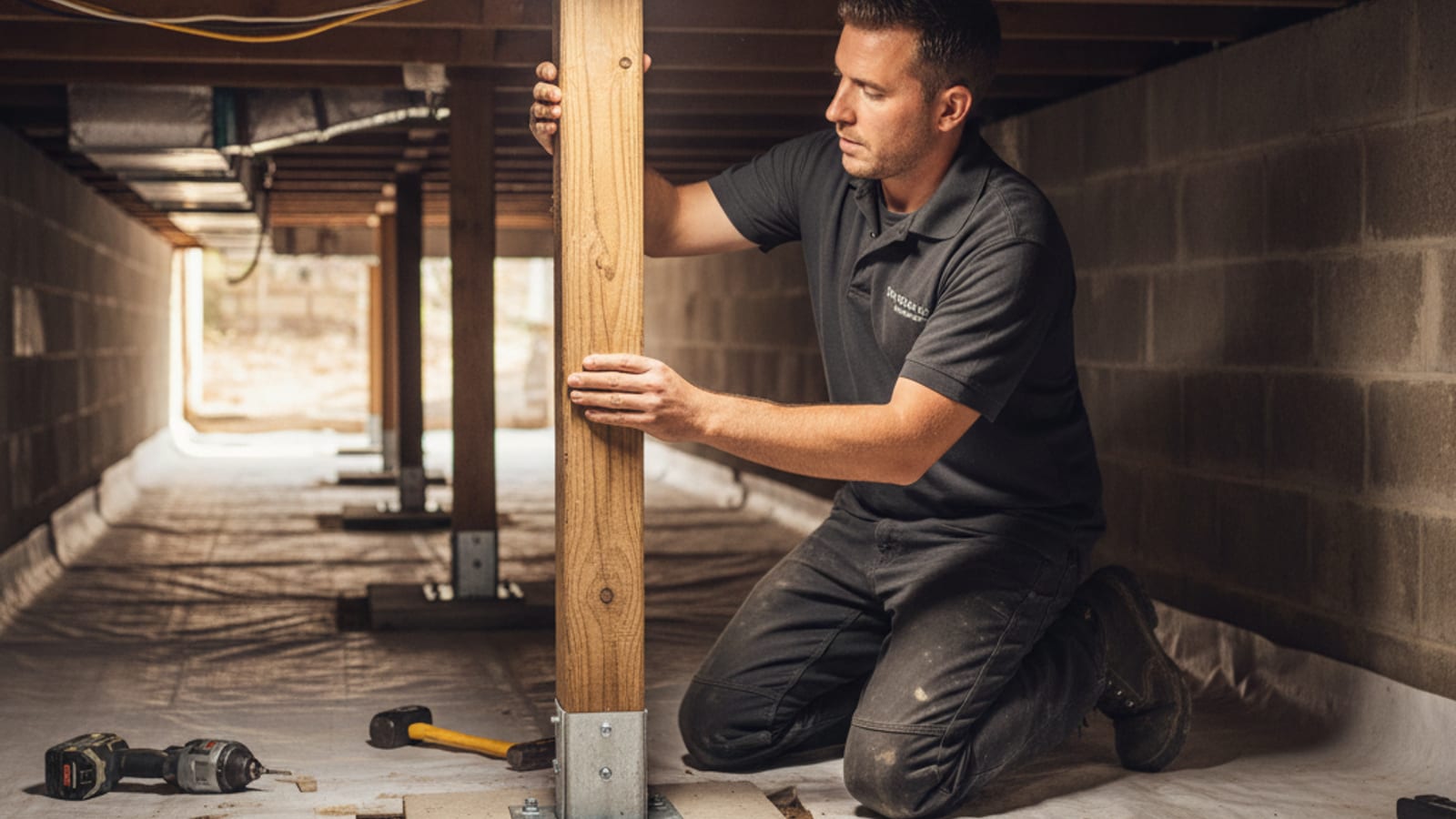 Technician installing new post-and-pier supports in a San Diego crawl space under a raised foundation home