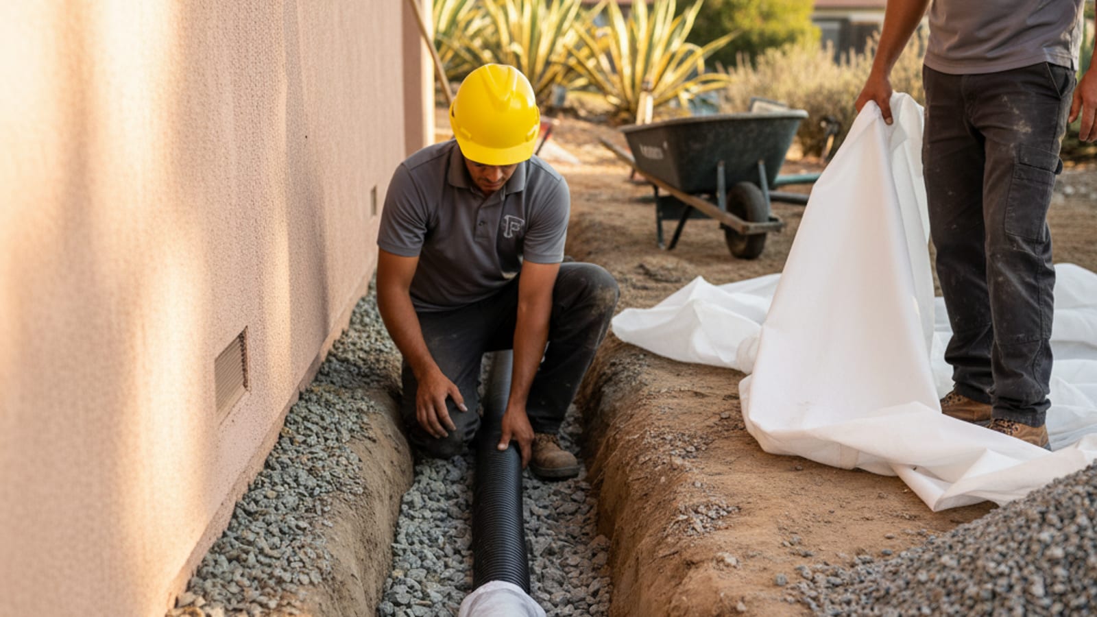 Trenching crew installing a perimeter French drain at the footing of a San Diego hillside home