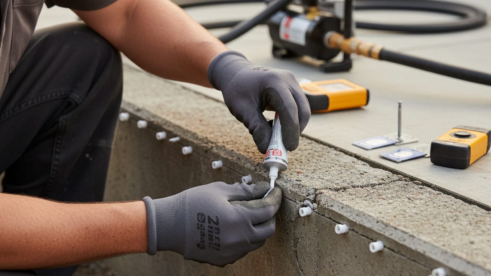 Technician installing low-pressure injection ports along a hairline crack in a foundation stem wall