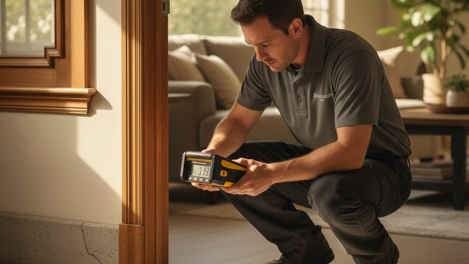 Foundation repair technician using a Zip Level to survey floor elevations across a San Diego home
