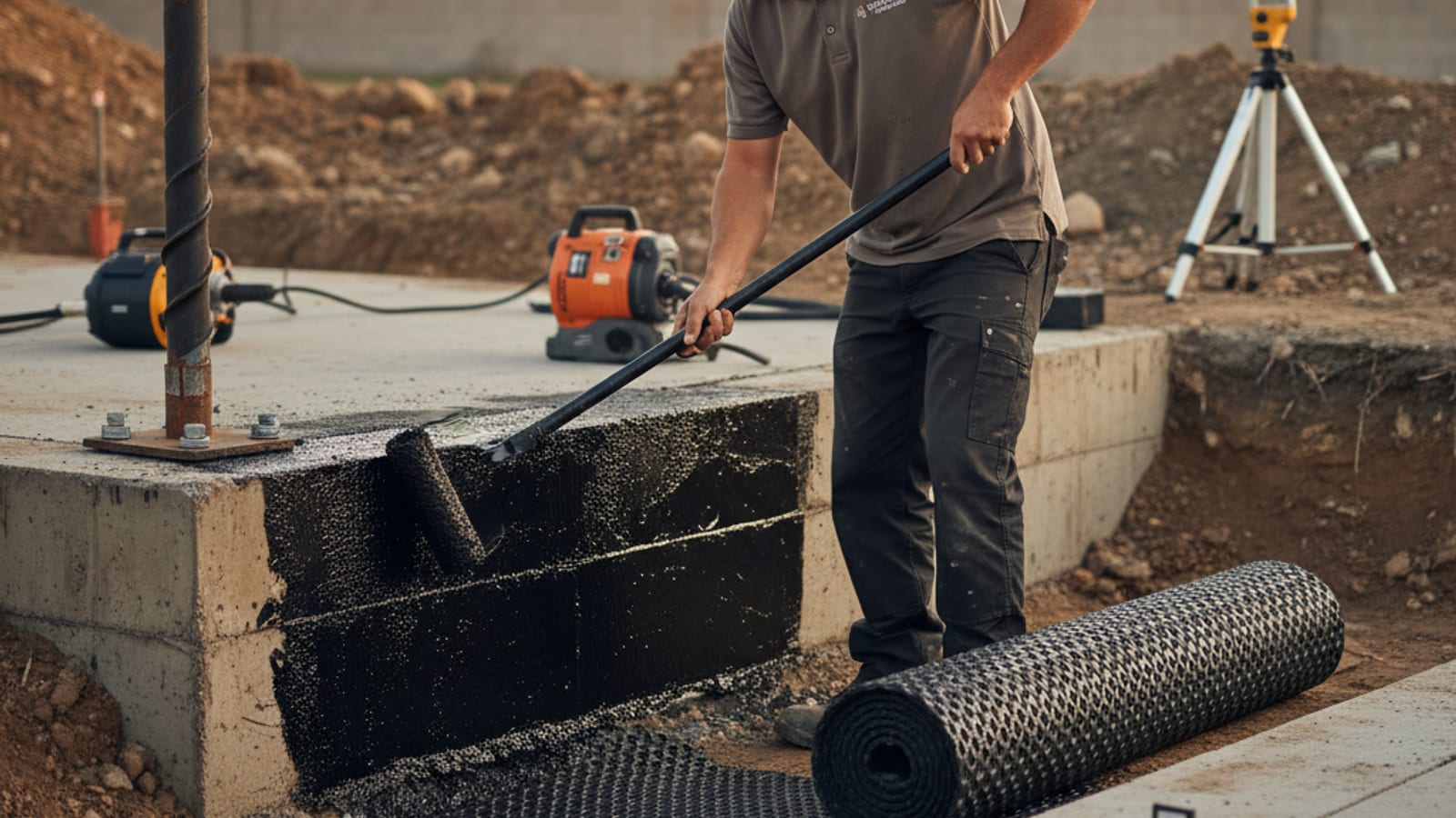 Waterproofing membrane being applied to a foundation stem wall before backfill on a San Diego hillside lot