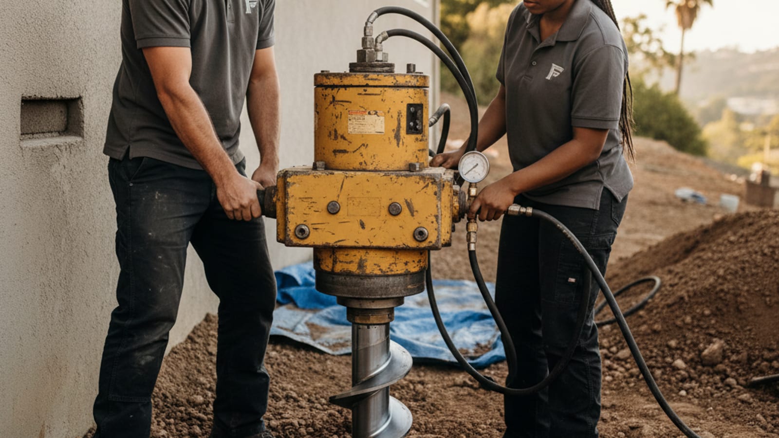 Crew installing a helical pier at the foundation of a hillside San Diego home with a hydraulic drive head