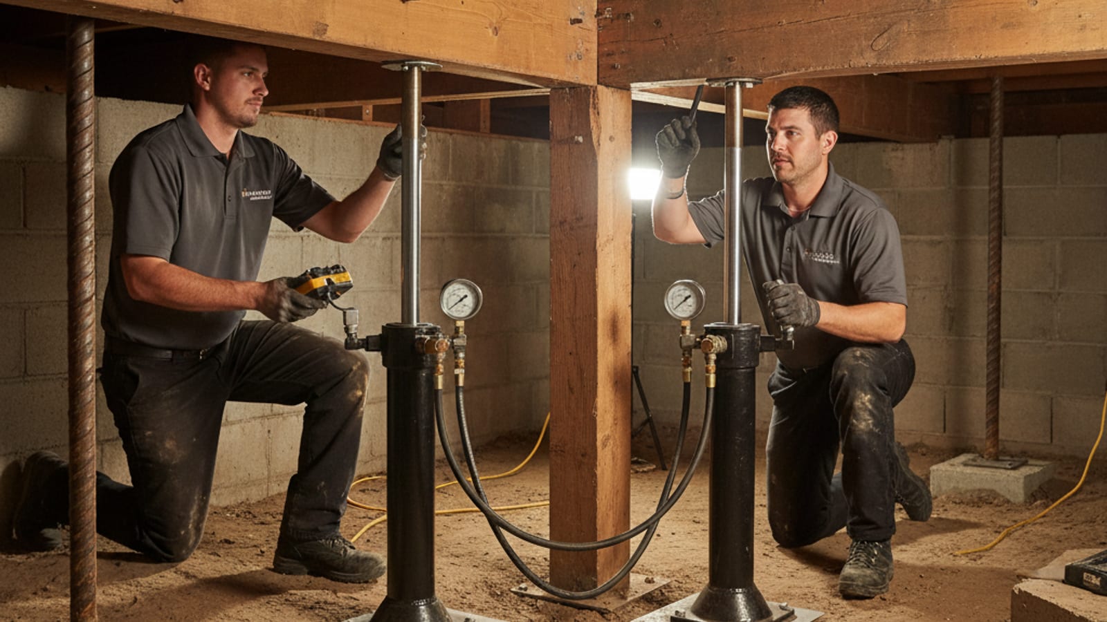 Crew running synchronized hydraulic jacks to lift the settled corner of a raised San Diego home
