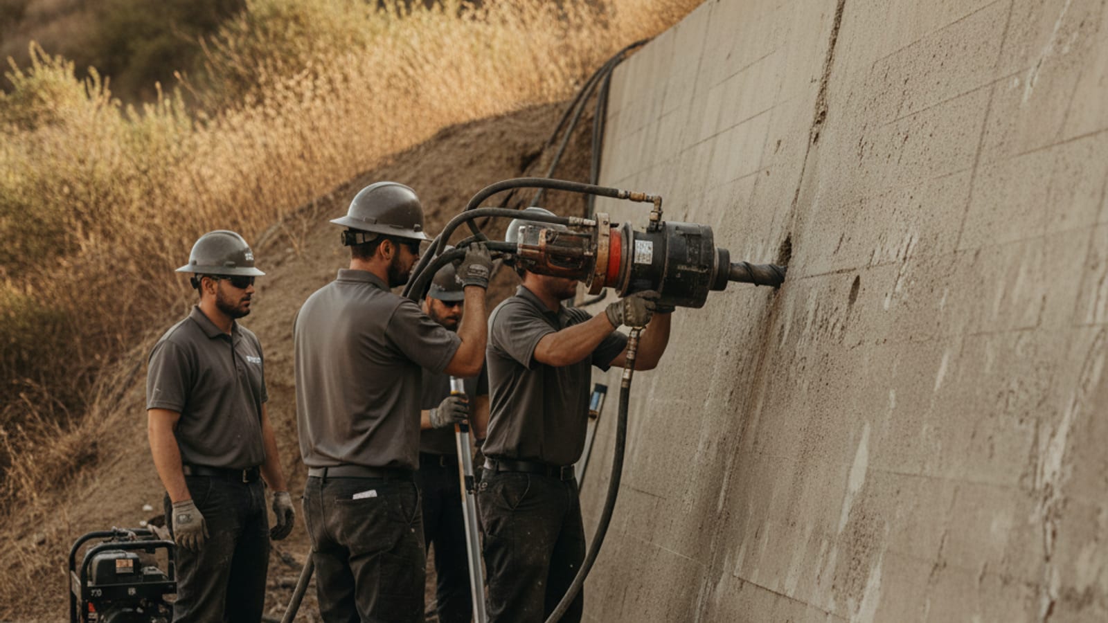 Crew installing helical tieback anchors through a leaning concrete retaining wall on a San Diego hillside
