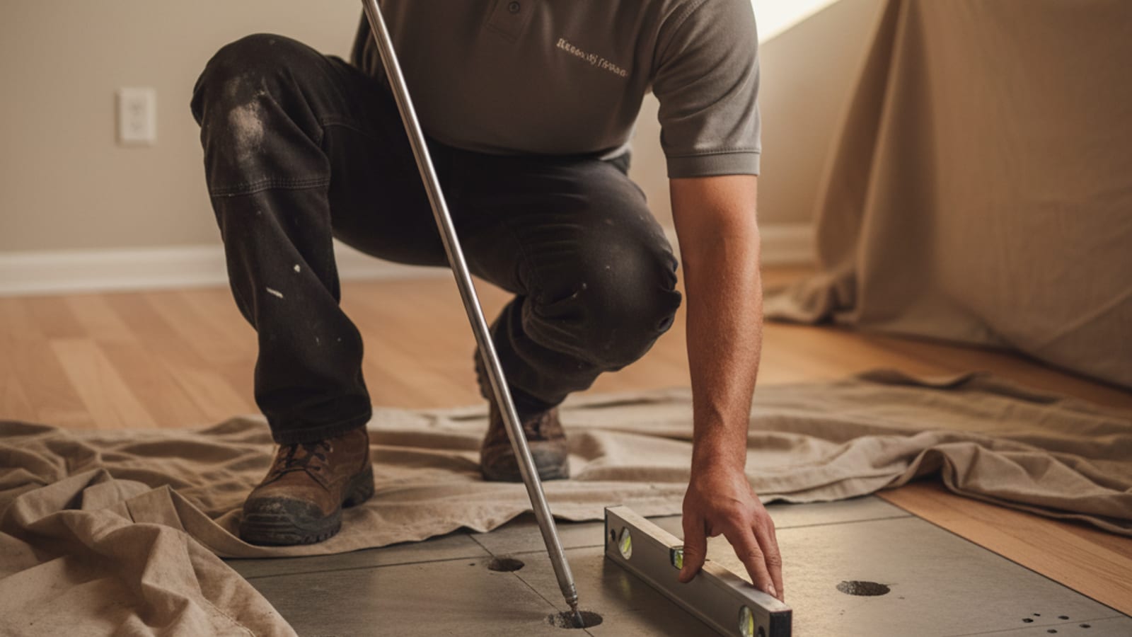 Polyurethane foam injection lifting a settled interior slab section in a San Diego living room